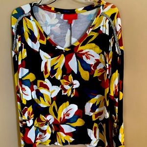 Jennifer Lopez long sleeved v neck print top size L with silver trim down sleeve